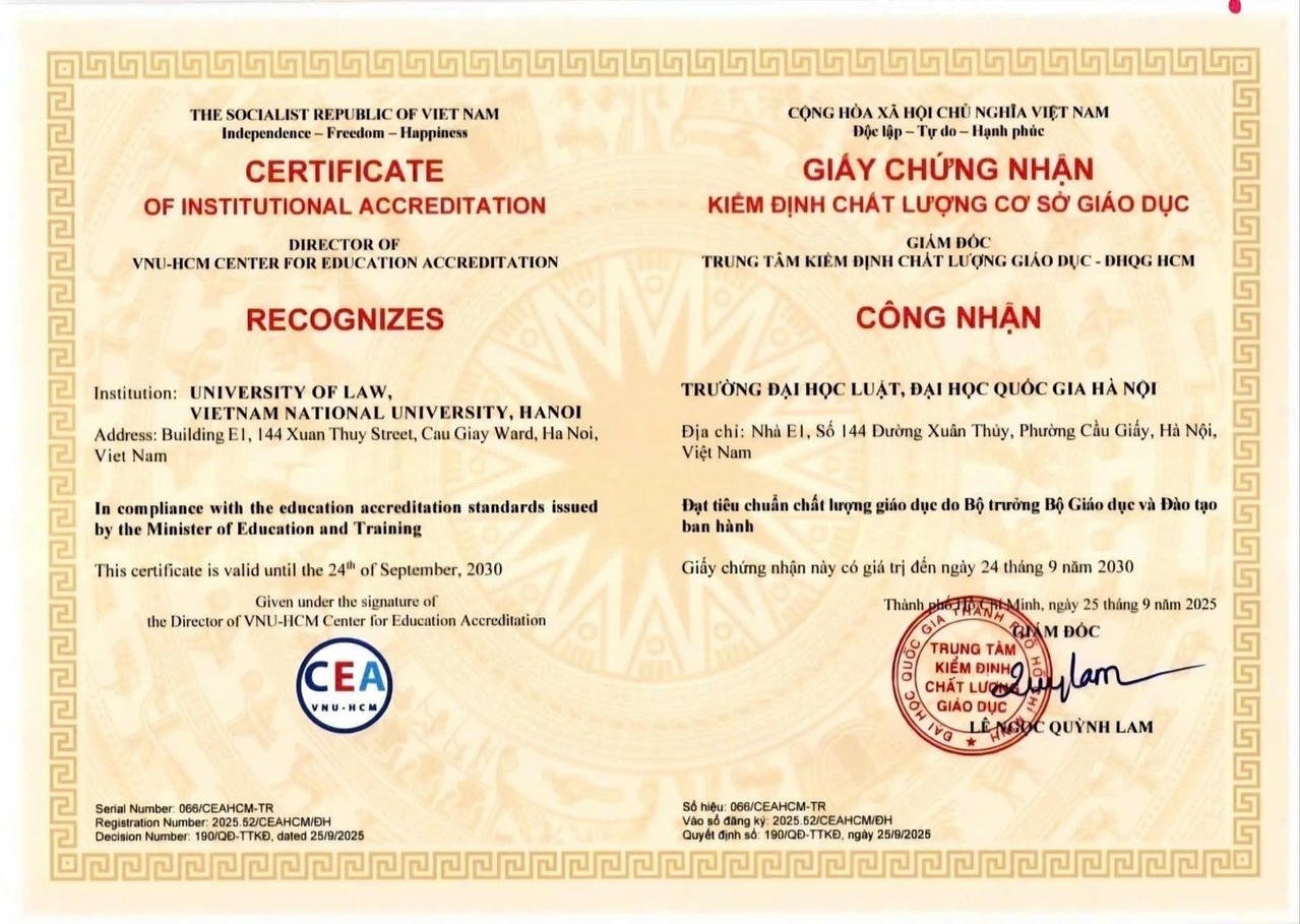 Certificado de avaliação da qualidade das instituições de ensino emitido para a Universidade de Direito - VNU.
