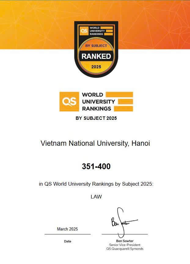 O ranking QS World University Rankings by Subject 2025 classificou a Universidade Nacional do Vietnã, em Hanói, no grupo 351-400 do mundo na área de Direito.