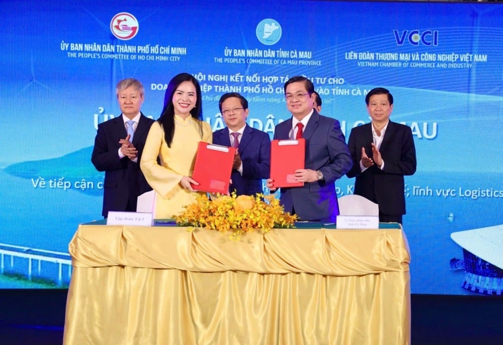 Bà Nguyễn Thị Thanh Bình, Phó tổng giám đốc T&T Group ký biên bản ghi nhớ hợp tác với lãnh đạo UBND tỉnh Cà Mau tại sự kiện. Ảnh: T&T Group.