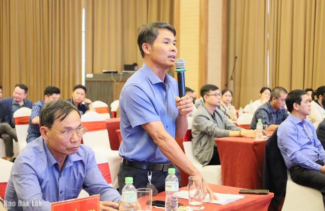 Đại diện hợp tác xã sản xuất sầu riêng phát biểu ý kiến tại hội nghị.