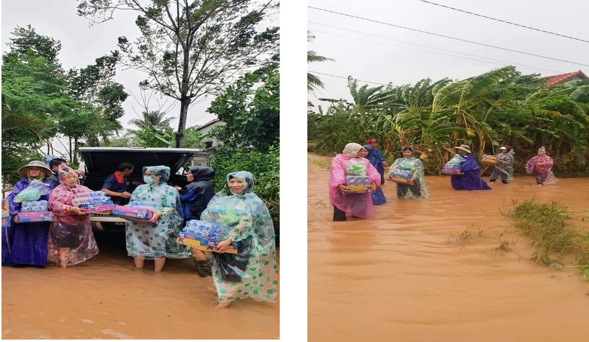 Mme Tuyet participe à la distribution de vivres et de secours aux personnes sinistrées. Photo : NVCC