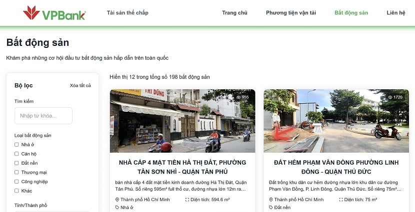 Đa dạng sản phẩm bất động sản được cập nhật liên tục trên website thanh lý tài sản của VPBank.