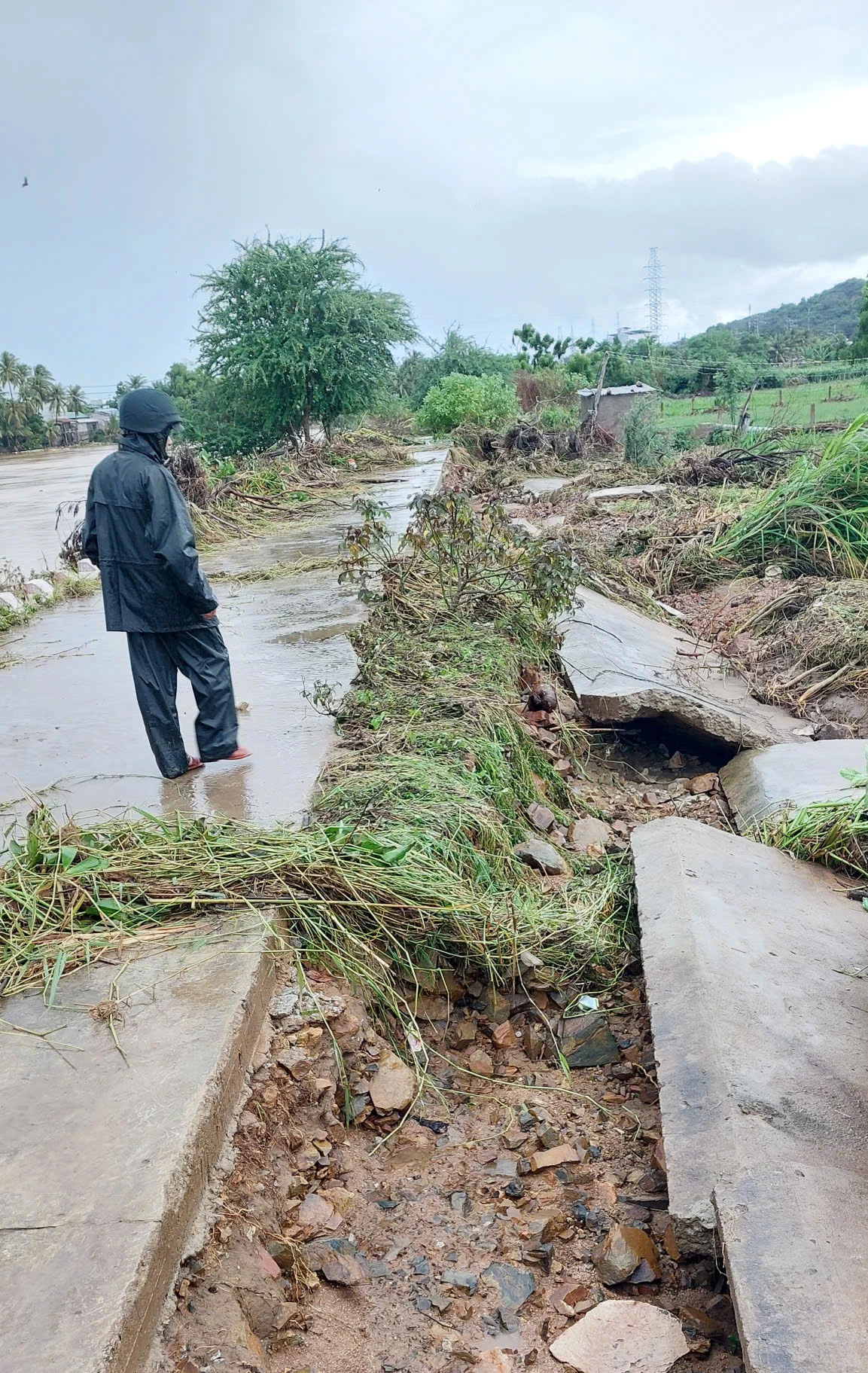 Tambak Sungai Dinh telah terhakis dan rosak sepanjang kira-kira 50m.