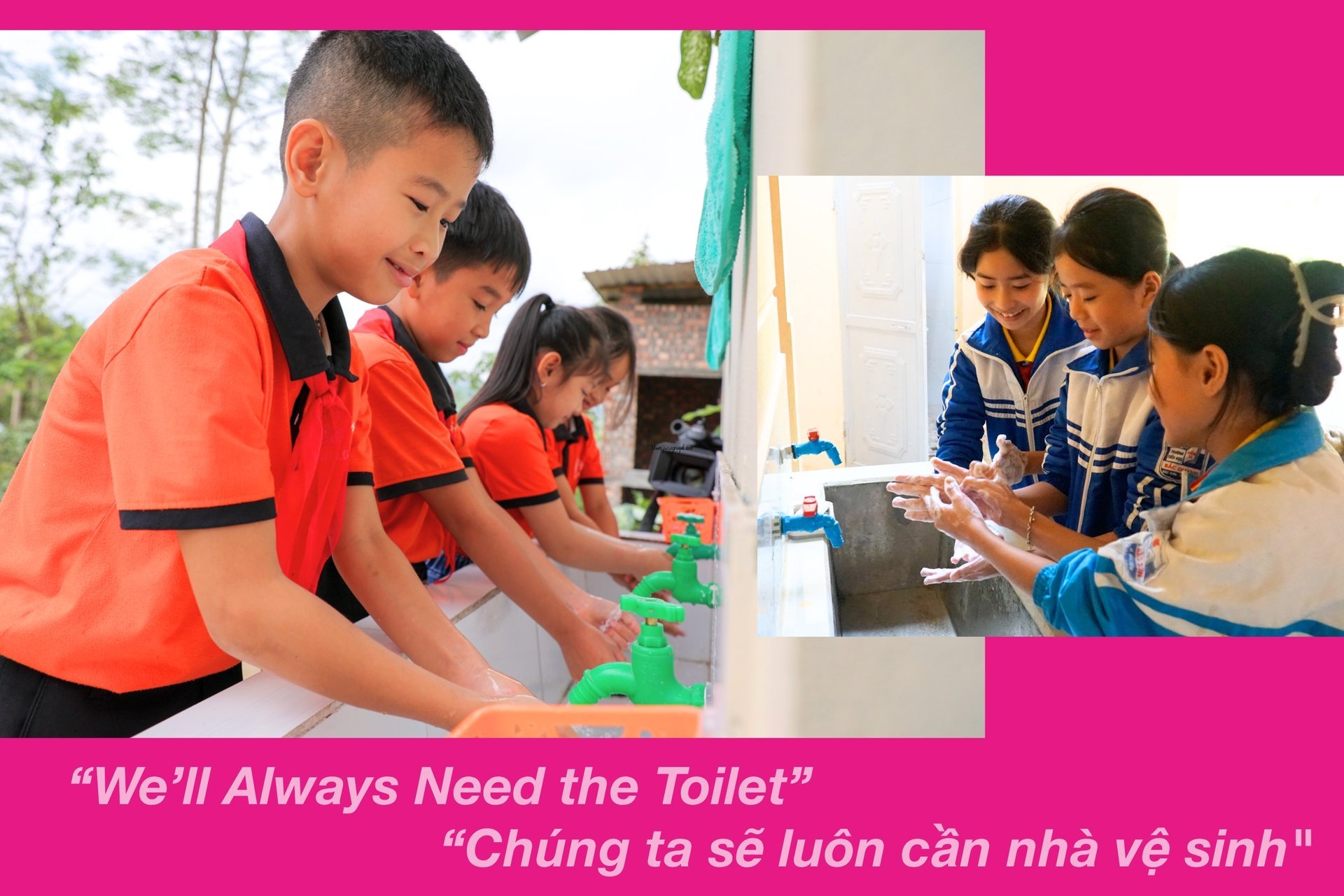 Các em học sinh tại Trường Tiểu học Thăng Long (Tuyên Quang) và Trường Tiểu học xã Bắc Quỳnh (Lạng Sơn) sử dụng nhà vệ sinh mới do dự án 1.000 nhà vệ sinh trao tặng. Ảnh: TH.