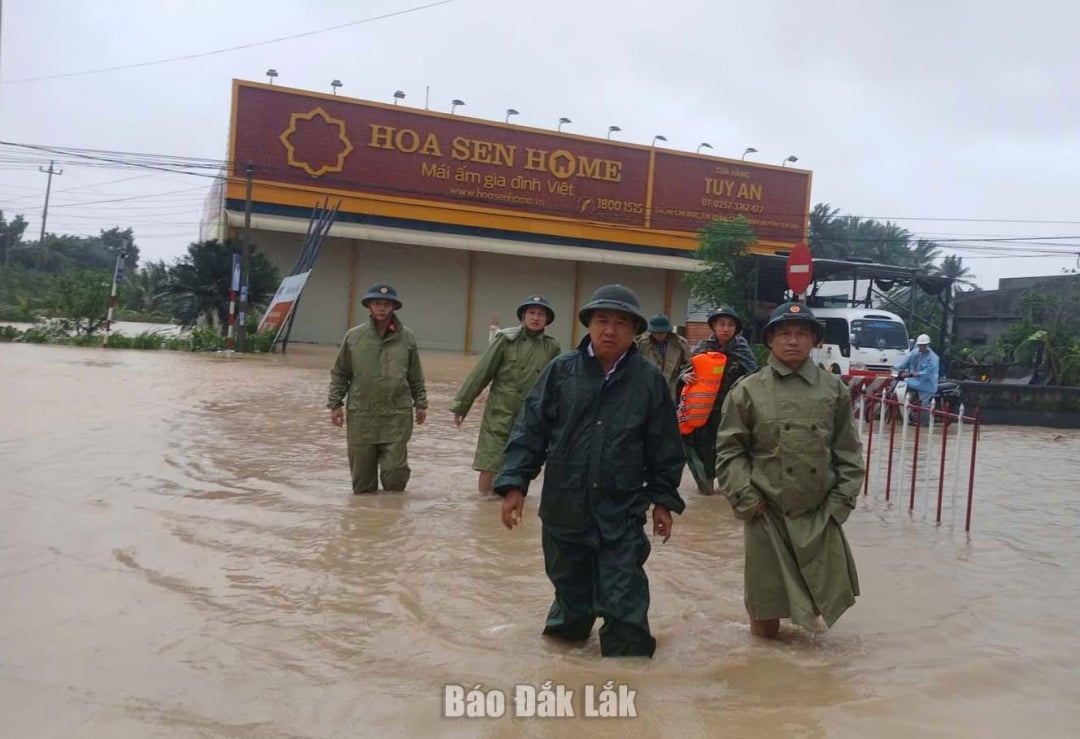 प्रांतीय पार्टी सचिव लुओंग गुयेन मिन्ह ट्रिएट ने तुई एन बाक कम्यून के फोंग हाउ गाँव में बाढ़ की स्थिति का निरीक्षण किया। फोटो: ट्रुंग हियू