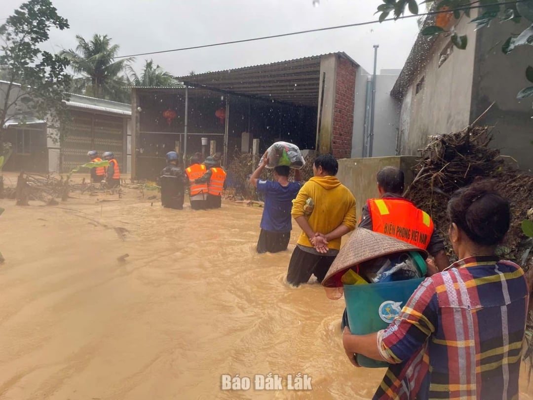 सीमा रक्षक बाढ़ग्रस्त इलाकों से लोगों को बाहर निकालने में मदद कर रहे हैं। क्विन आन्ह