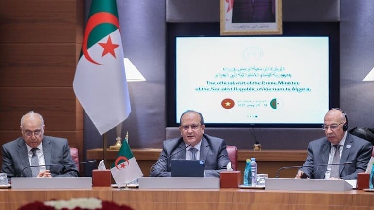 នាយករដ្ឋមន្ត្រីអាល់ហ្សេរីថ្លែងមតិក្នុងជំនួបសន្ទនាជាមួយនាយករដ្ឋមន្ត្រី Pham Minh Chinh នាថ្ងៃទី ១៩ វិច្ឆិកា រូបថត៖ VGP. Thủ tướng Algeria phát biểu tại cuộc hội đàm với Thủ tướng Phạm Minh Chính ngày 19/11. Ảnh: VGP.