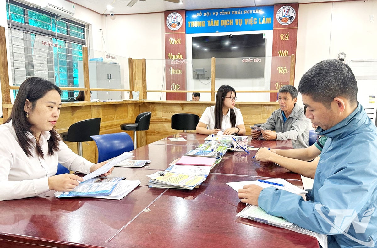 Arbetare konsulteras om arbetslöshetsförsäkring och anställningsinformation på Thai Nguyen Provincial Employment Service Center.