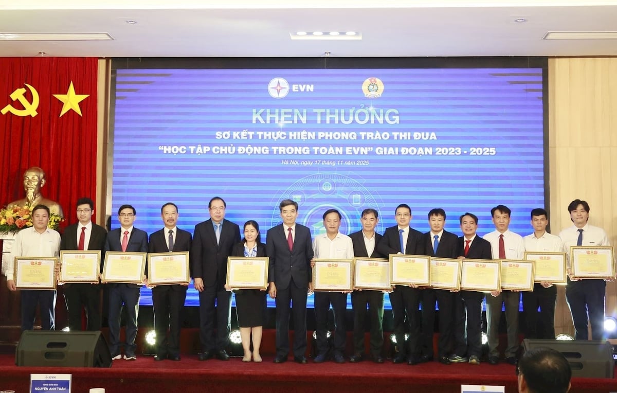 Anh Lê Văn Dũng - Công ty Nhiệt điện Nghi Sơn (thứ 2 từ phải qua) được khen thưởng tại Hội nghị. Ảnh: EVNGENCO1.