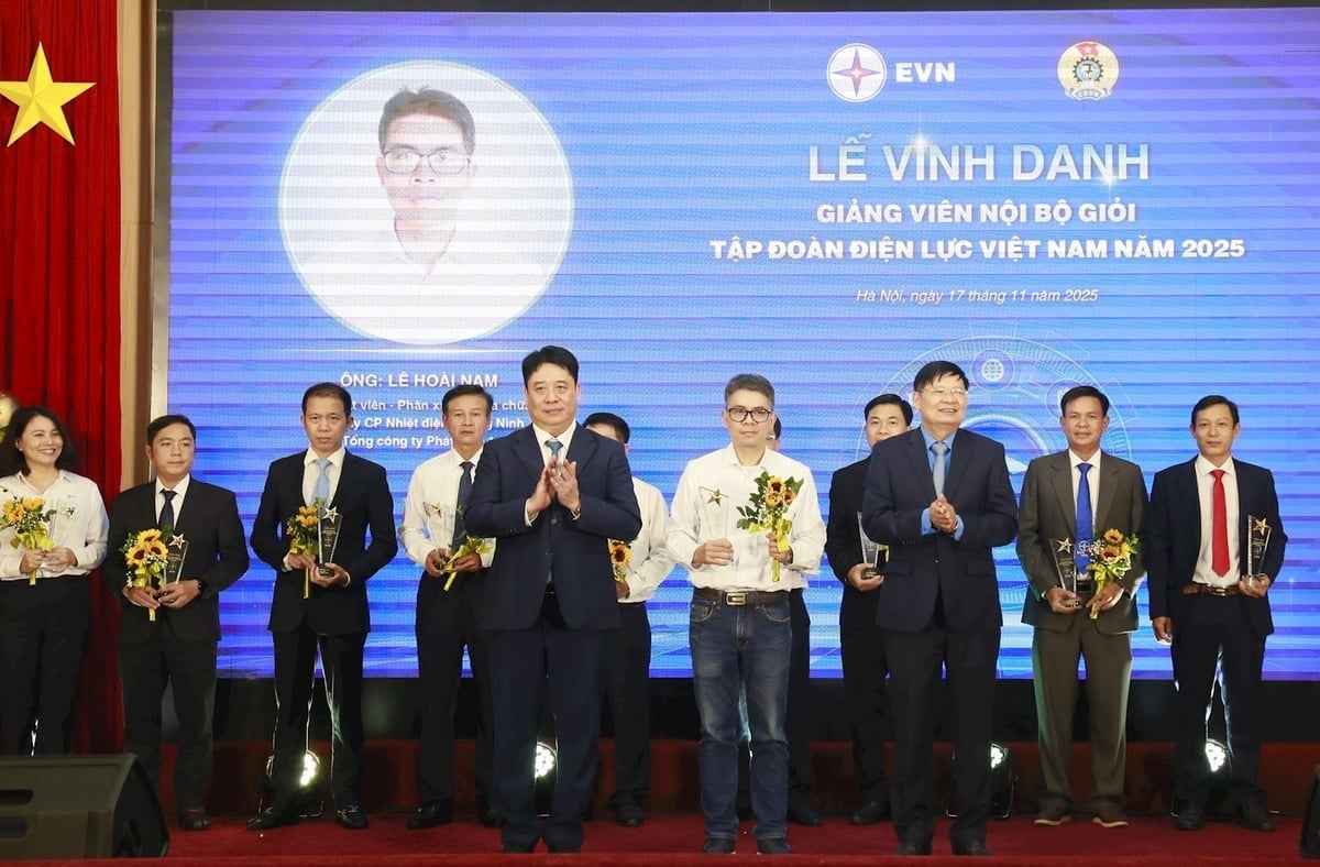 Anh Lê Hoài Nam - Công ty cố phần Nhiệt điện Quảng Ninh được vinh danh tại Hội nghị. Ảnh: EVNGENCO1.