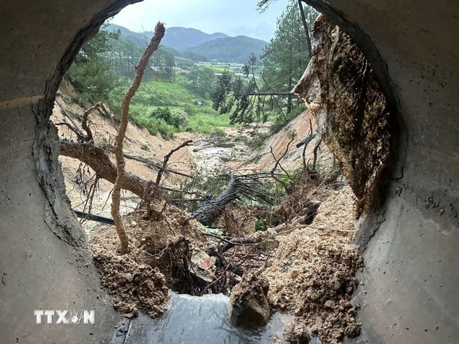 តំបន់​បាក់​ស្រុត​មាន​លូ​បង្ហូរ​រាង​ជា​រង្វង់​រត់​កាត់​ផ្លូវ​ក្រាល​កៅស៊ូ ដែល​អាច​ជា​មូលហេតុ​នៃ​ការ​បាក់។ (រូបថត៖ Chu Quoc Hung/VNA)