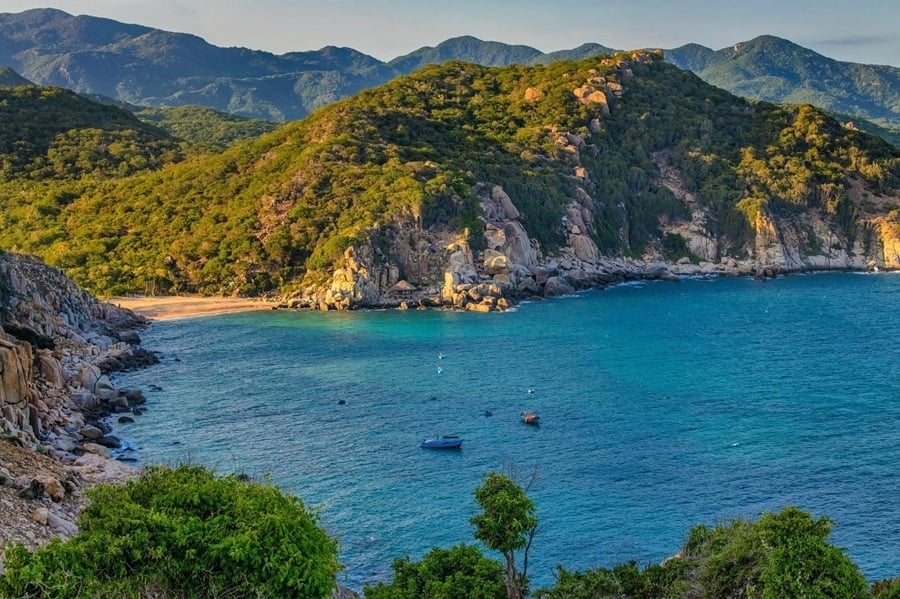 Parcul Național Nui Chua Ninh Thuan cu un peisaj armonios de pădure și mare.