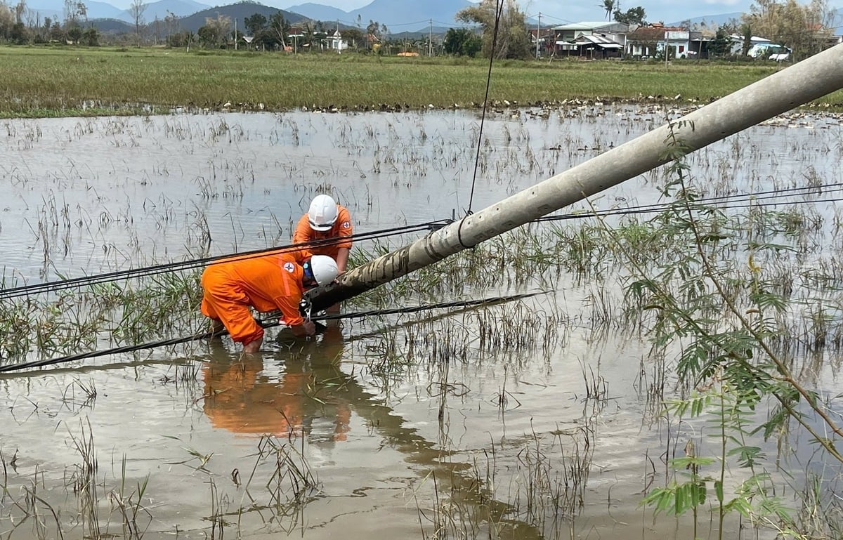 Công nhân Công ty Thủy điện Buôn Kuốp nỗ lực sửa chữa đường điện hạ thế cùng với công nhân Điện lực miền Trung tại phường Sông Cầu, tỉnh Đắk Lắk. Ảnh: EVNGENCO3.