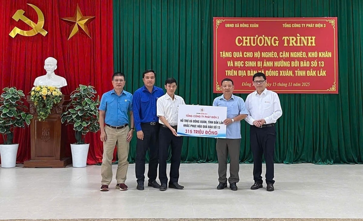 Ông Trần Hữu Thanh - Phó Giám đốc Công ty Nhiệt điện Phú Mỹ và đồng chí Cao Việt Hưng - Bí thư Đoàn cơ sở EVNGENCO3 trao bảng tượng trưng hỗ trợ cho đại diện UBND xã Đồng Xuân, tỉnh Đắk Lắk. Ảnh: EVNGENCO3.