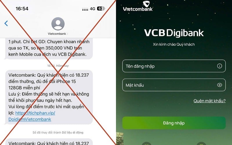 Ett falskt SMS som utger sig för att vara Vietcombank med innehåll som meddelar utgångna belöningspoäng och instruktioner om hur man löser in gåvor för att stjäla kortinformation