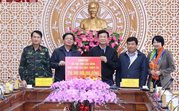 Phó Thủ tướng Hồ Quốc Dũng thay mặt Chính phủ trao biểu trưng hỗ trợ 200 tỷ đồng cho UBND tỉnh Lâm Đồng. Ảnh: Lê Sơn.