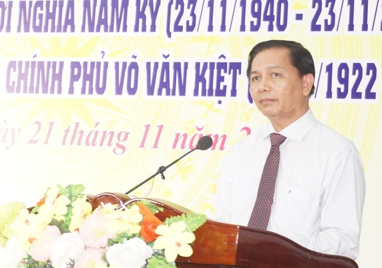 Bí thư Tỉnh ủy Trần Văn Lâu nhắc lại truyền thống yêu nước của phong trào Khởi nghĩa Nam Kỳ. Ảnh: Hồ Thảo.