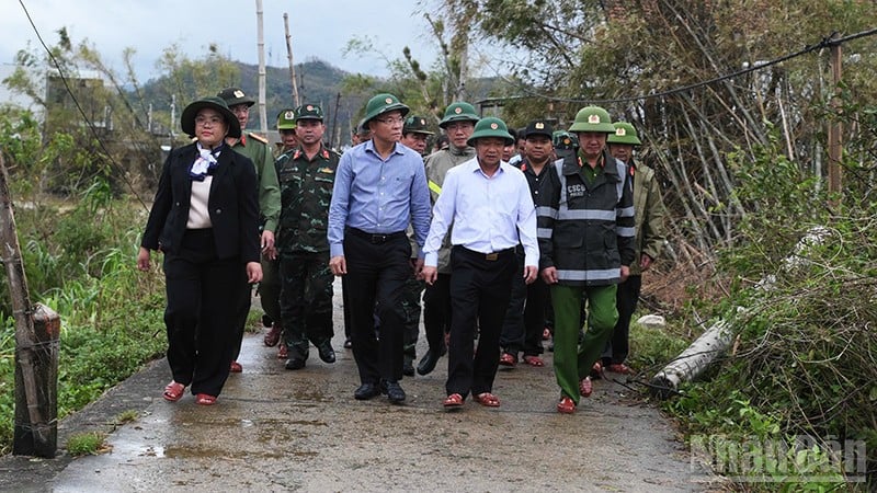 Deputy Prime Minister Le Thanh Long (blue shirt) inspects damage caused by natural disasters in Gia Lai.
