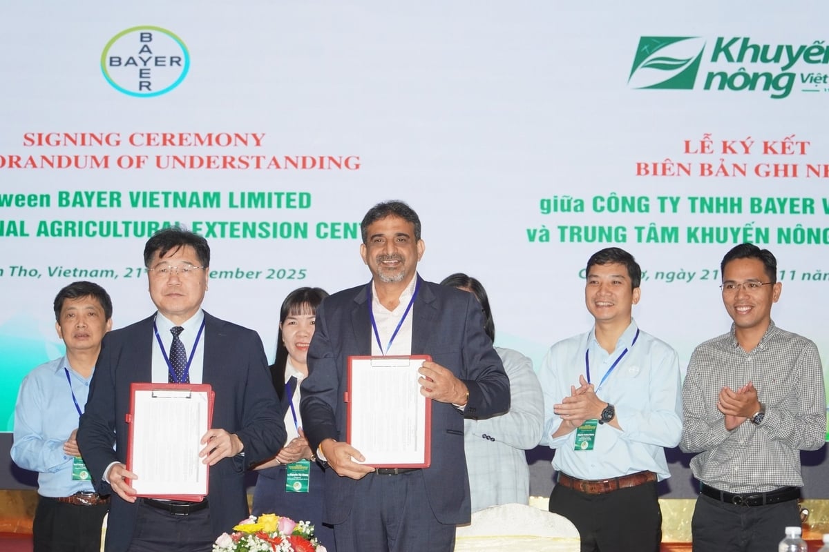 Khuôn khổ tọa đàm đã diễn ra lễ ký kết biên bản ghi nhớ hợp tác giữa Trung tâm Khuyến nông Quốc gia và các đối tác là Công ty TNHH Bayer Việt Nam và Viện nghiên cứu lúa gạo quốc tế (IRRI). Ảnh: Kim Anh.