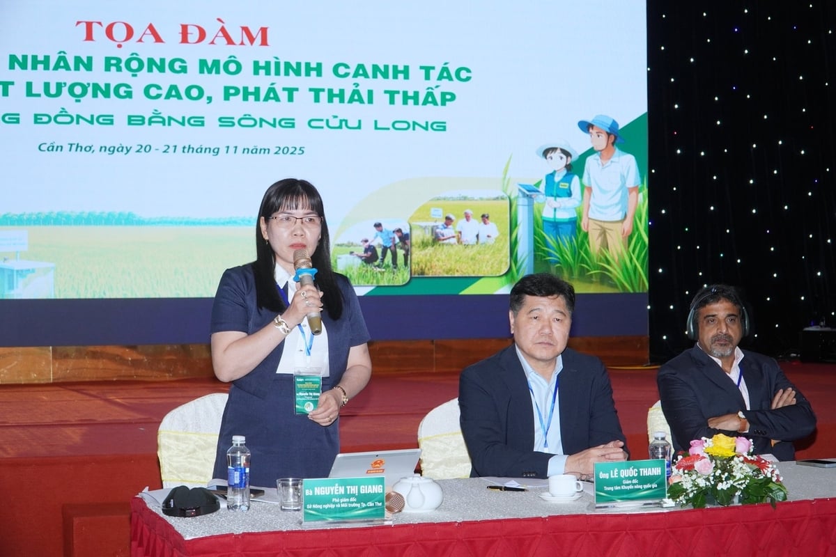 Bà Nguyễn Thị Giang - Phó Giám đốc Sở Nông nghiệp và Môi trường TP. Cần Thơ thông tin về kế hoạch tổ chức sản xuất một triệu hecta lúa chất lượng cao sau sáp nhập. Ảnh: Kim Anh.