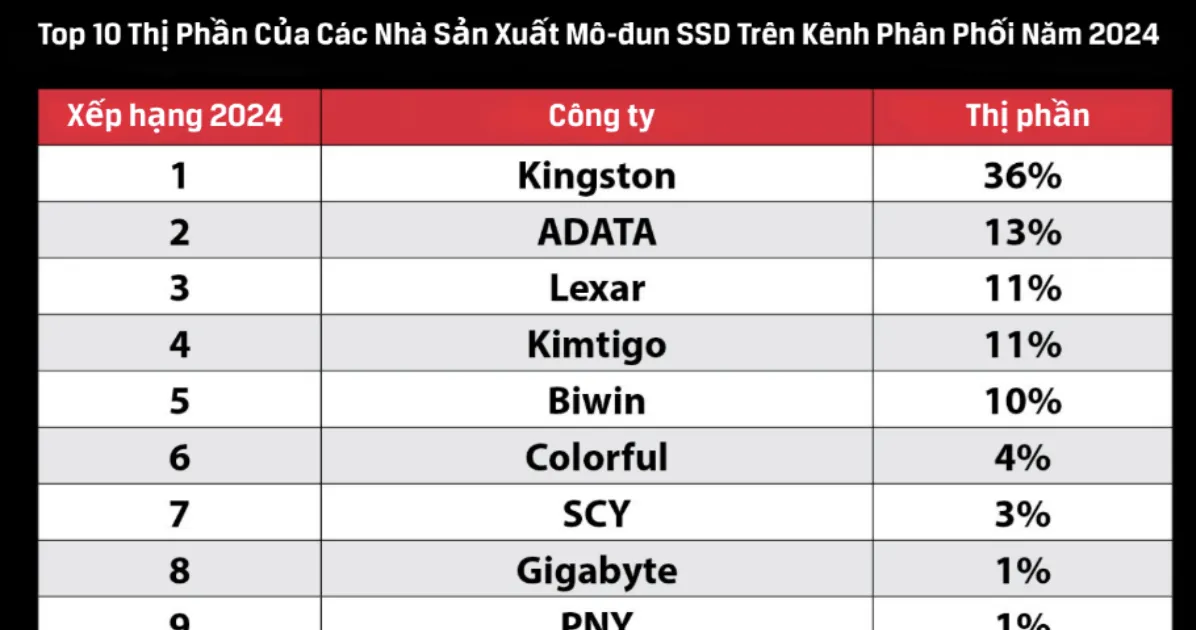 Kingston dẫn đầu kênh phân phối SSD trong năm 2024