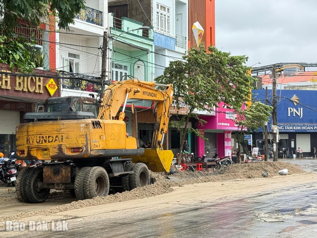 كانت كمية الطين والرمال المترسبة على الطريق الرئيسي تران هونغ داو في منطقة توي هوا سميكة للغاية، وكان لا بد من إزالتها بالجرافة لاستعادة سطح الطريق أمام حركة المرور.