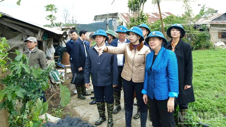 Comrade Bui Thi Minh Hoai and leaders of Lam Dong province, along with the working delegation, visited the flood-affected area in Ka Do commune. ndo_br_5.jpg