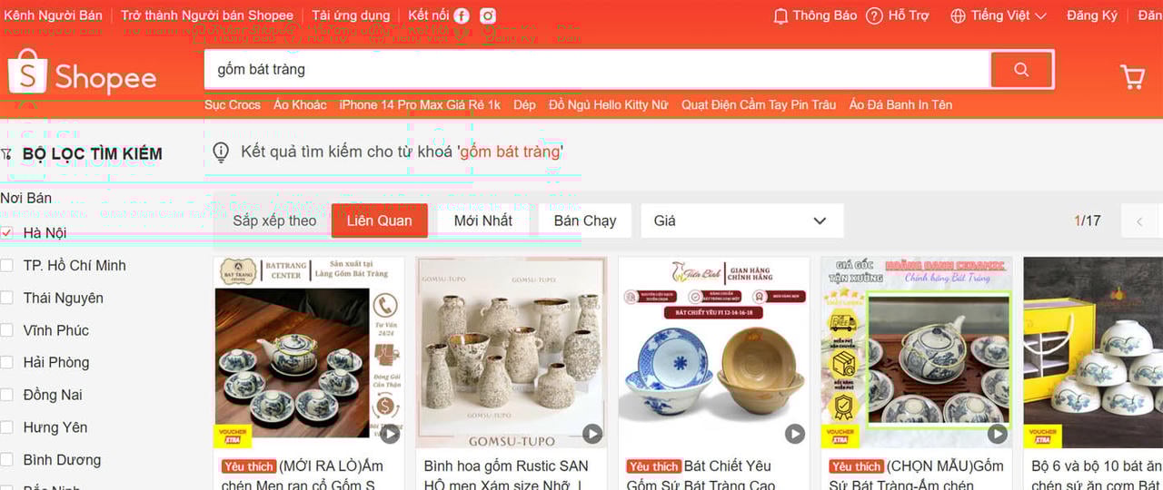 Bat Trang çömlekleri gibi Hanoi el sanatları köyü ürünleri, ülkenin en büyük e-ticaret platformlarında oldukça popüler hale geldi. (Kaynak: Ekran Görüntüsü)