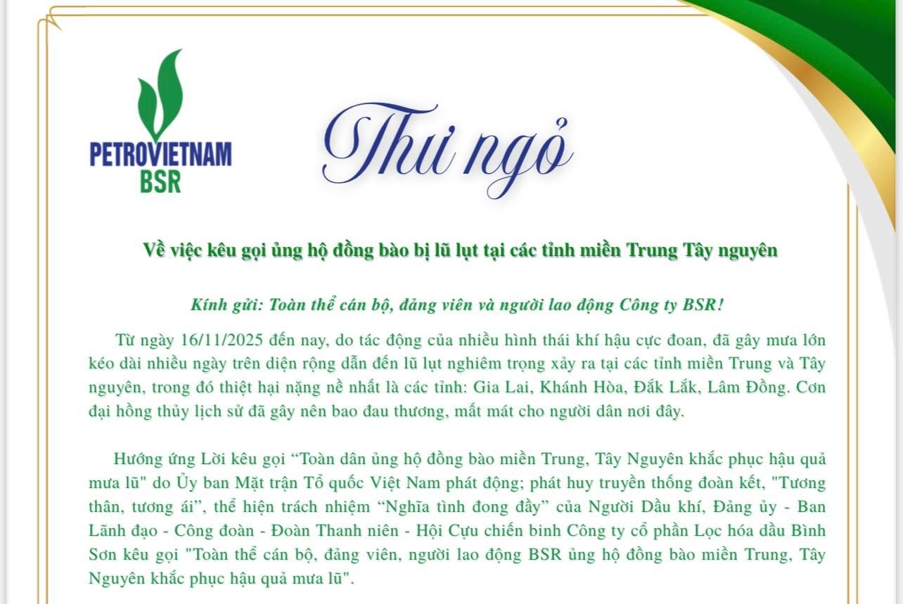 BSR kêu gọi CBCNV ủng hộ đồng bào bị ảnh hưởng bởi lũ lụt