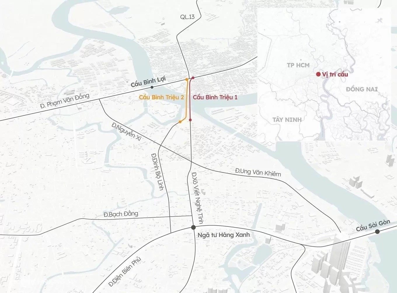 Locatiekaart van de bruggen Binh Trieu 1 en Binh Trieu 2 op de nationale snelweg 13
