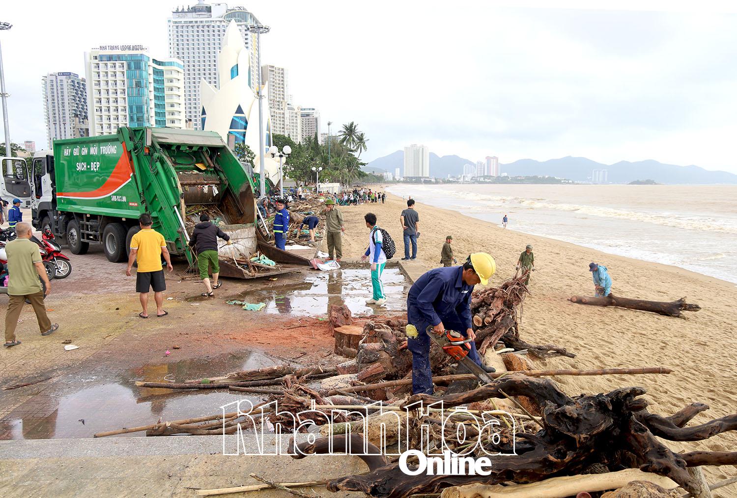 تم استخدام المناشير الكهربائية لقطع جذوع الأشجار الكبيرة قبل تحميلها على شاحنات القمامة.