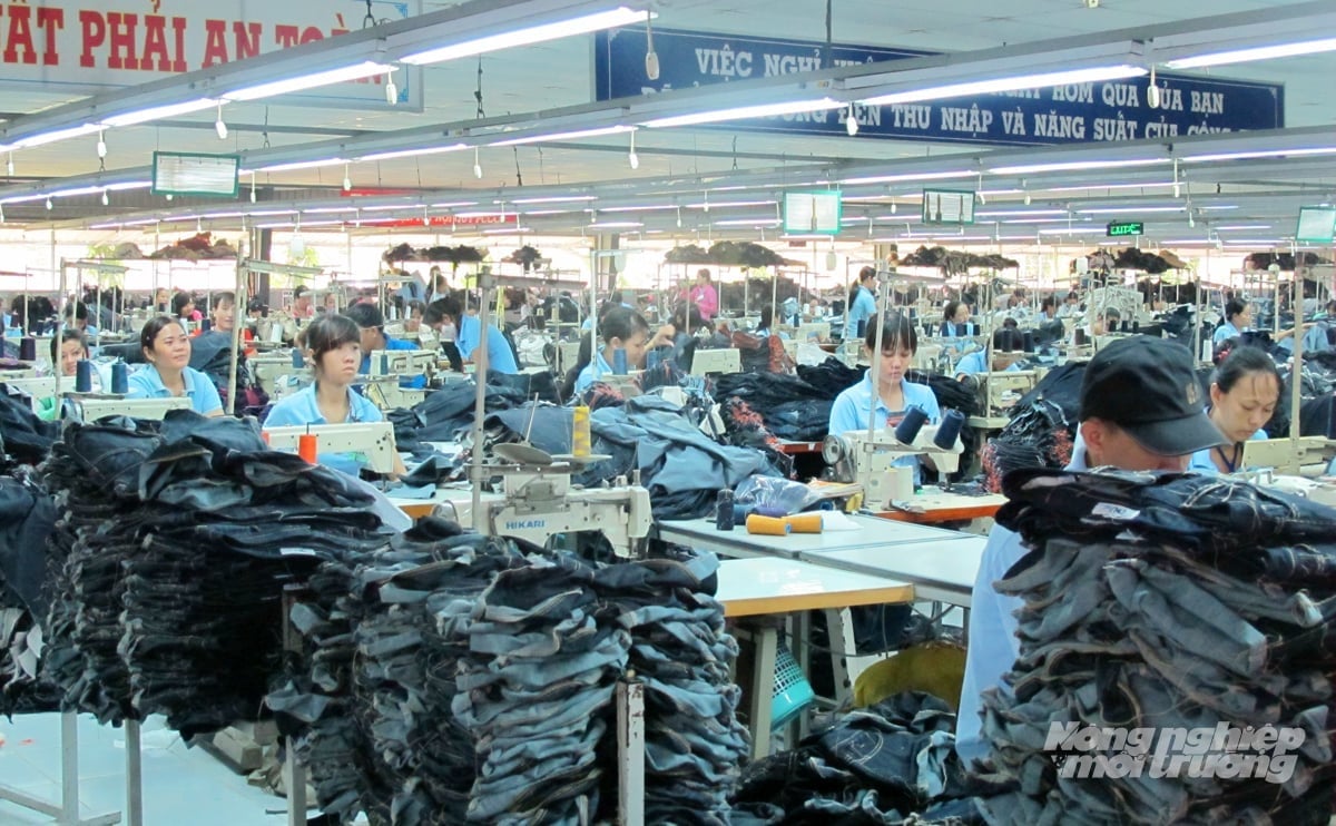 En travel arbeidsatmosfære på en klesfabrikk i Dong Thap, som gir stabile jobber til titusenvis av lokale arbeidere. Foto: Le Hoang Vu. Không khí lao động sôi nổi tại một nhà máy may ở Đồng Tháp, nơi tạo việc làm ổn định cho hàng chục nghìn lao động địa phương. Ảnh: Lê Hoàng Vũ.