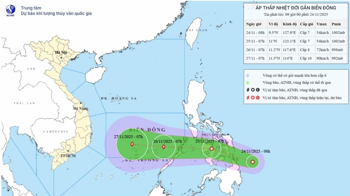 Bản đồ dự báo quỹ đạo và cường độ áp thấp nhiệt đới phát lúc 9h ngày 24/11. Ảnh: NCHMF.