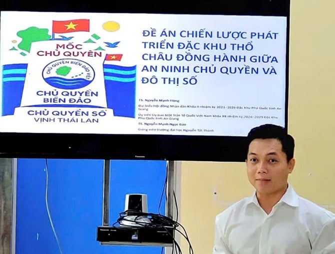 2. Một góc đảo Thổ Châu. 3. TS Nguyễn Ngọc Mạnh Bảo GV Trường Đại học Nguyễn Tất Thành ( Tp HC M) trình bày đề án chiến lược phát triển đặc khu Thổ Châu đồng hành giữa an ninh chủ quyền và đô thị số.