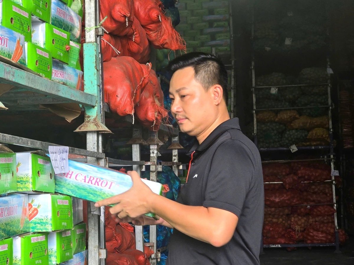 Ông Hồ Việt Hoàn kiểm tra kho lạnh chứa cà rốt phục vụ xuất khẩu. Ảnh: Đinh Mười.