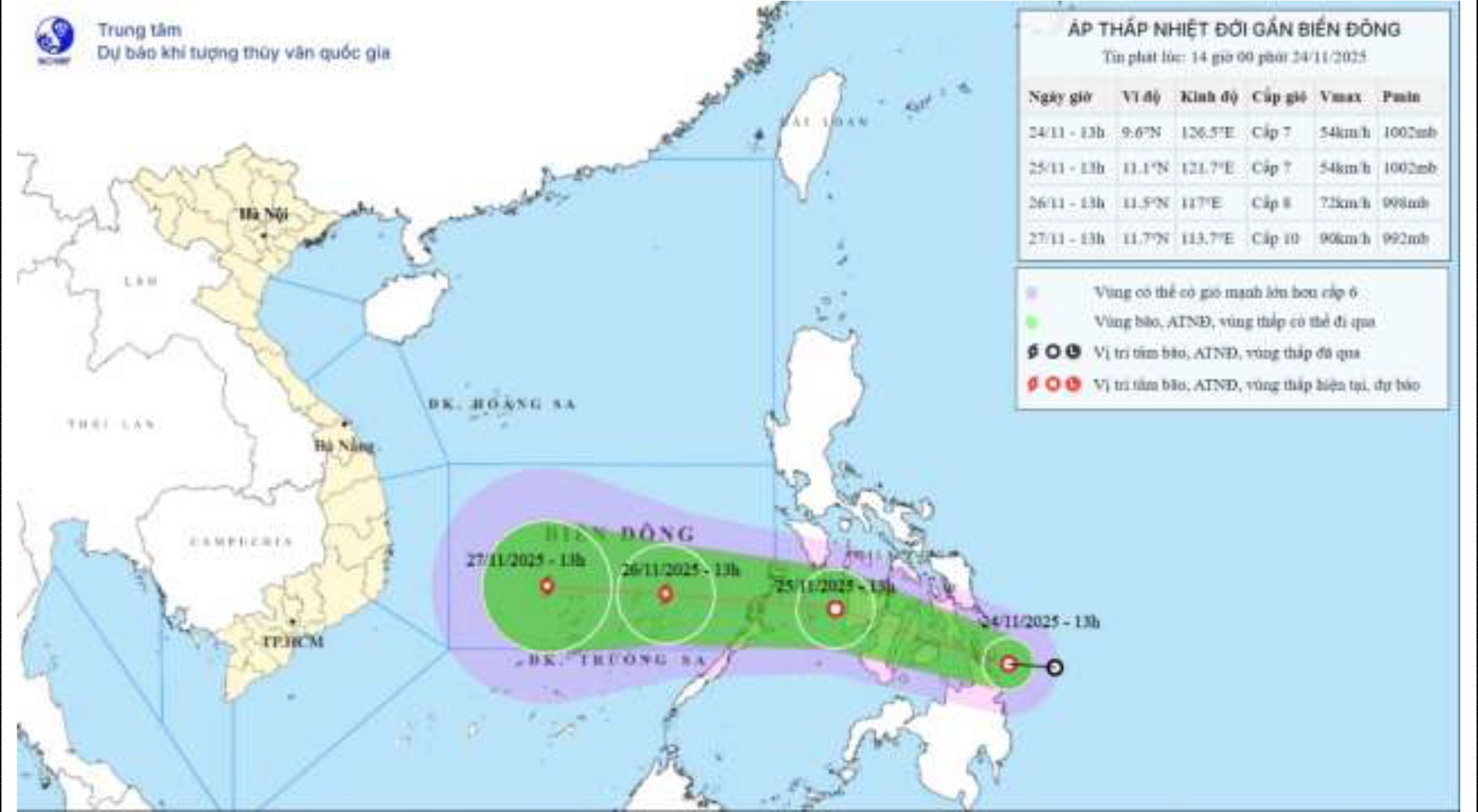 Vorhersagekarte der Sturmbahn und -intensität am 24. November 2025 um 14:00 Uhr.