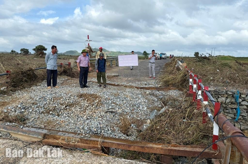 Przewodniczący Ludowego Komitetu Komuny Ea O Nguyen Thanh Binh (w środku) i siły zbrojne dokonali inspekcji stanu mostu C10 łączącego gminy Ea O i Ea Pal.