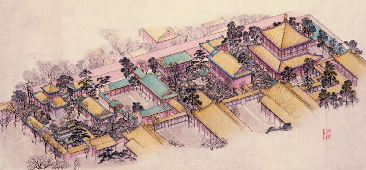 Qianlong-hagen har en planløsning med fire gårdsrom. Bildet er en generell oversikt over hagen. Foto: Palassmuseet
