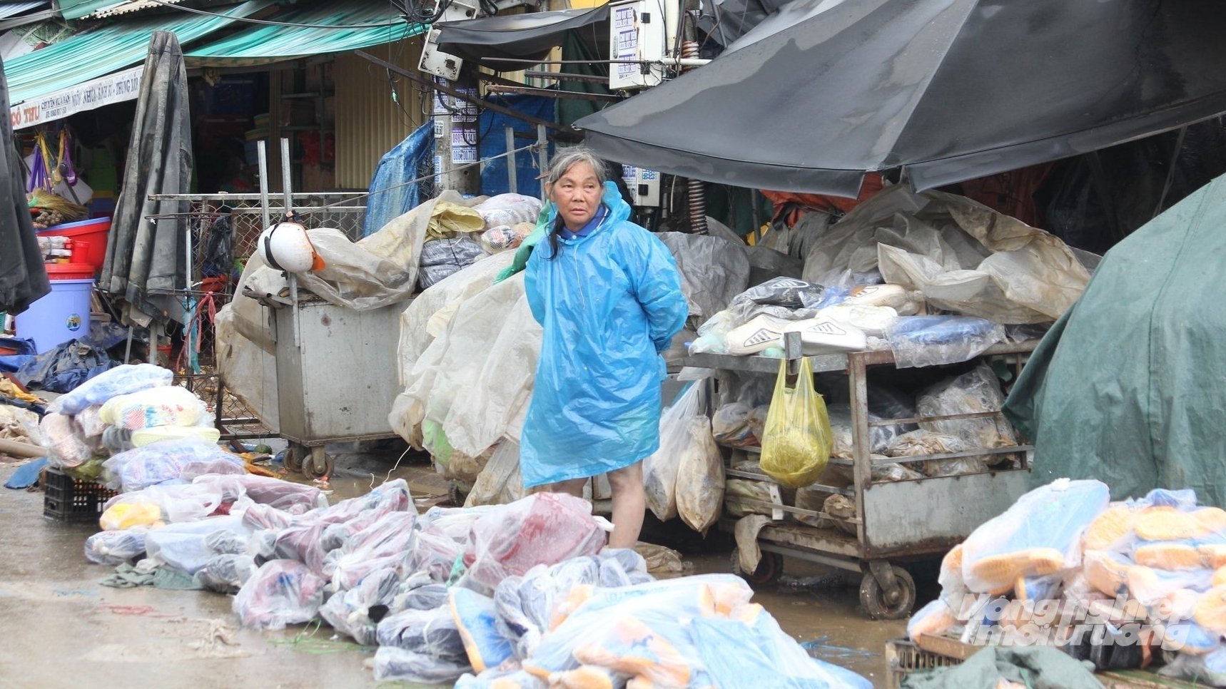 Bà Võ Thị Tuyết Lợi đứng thất thần khi phần lớn hàng hóa của bà bị nước lũ cuốn trôi, thiệt hại ước tính hơn 200 triệu đồng: Ảnh: Phương Chi.