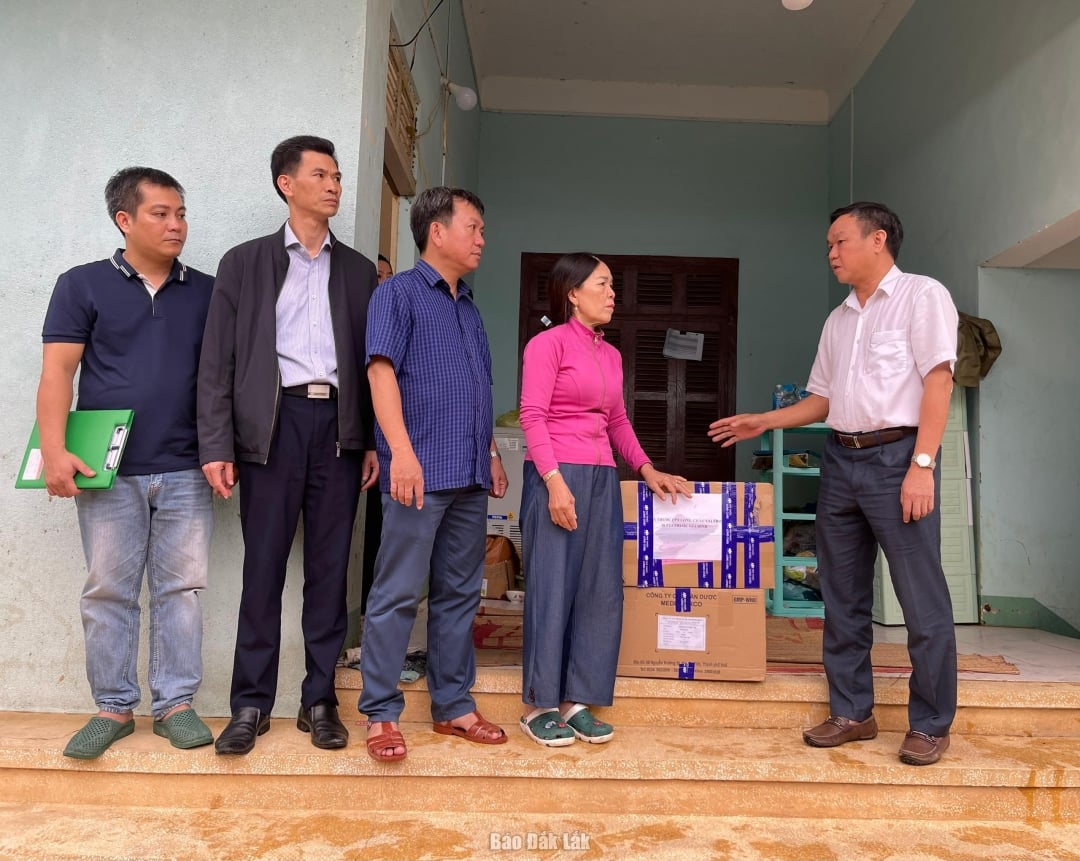 Phó Chủ tịch UBND tỉnh Đào Mỹ bàn giao hóa chất khử khuẩn và túi thuốc cho Trạm Y tế Hòa Thịnh.