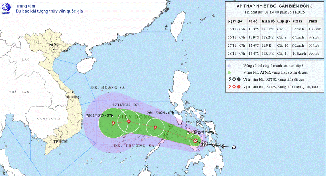 แผนที่พยากรณ์เส้นทางและความรุนแรงของพายุดีเปรสชันเขตร้อน ออกเมื่อเวลา 08.00 น. วันที่ 25 พฤศจิกายน 2568