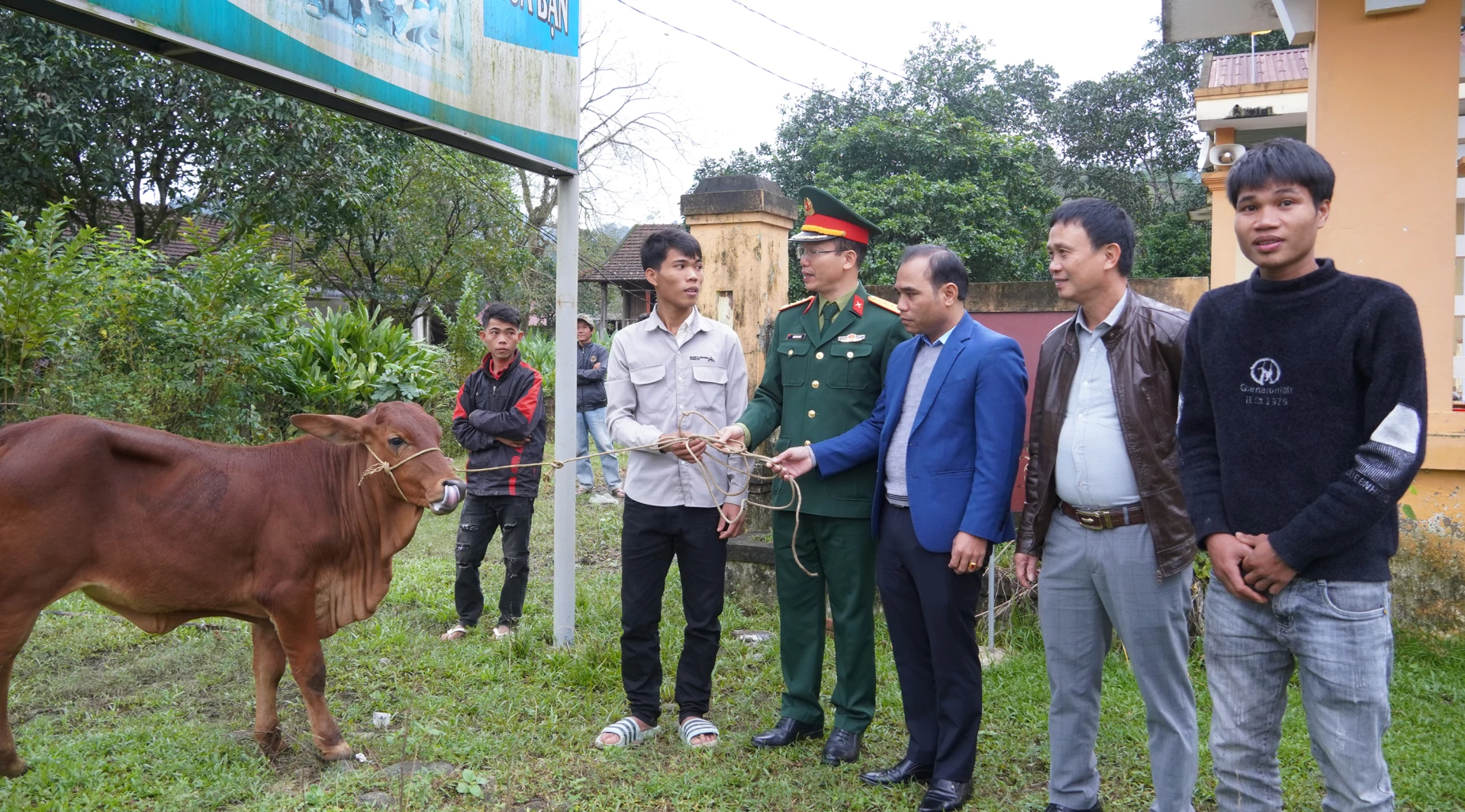 ممثلو المجموعة الاقتصادية والدفاعية 79 ومسؤولو بلدية كيم نجان يسلمون أبقار التربية إلى الأسر الفقيرة - صورة: N.H
