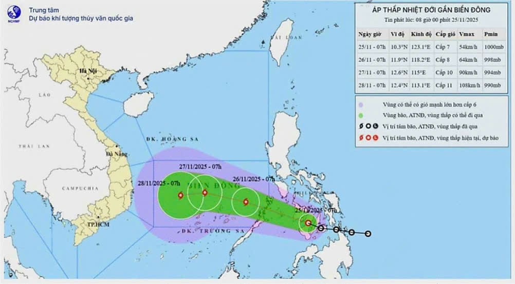Χάρτης πρόγνωσης της τροχιάς και της έντασης της καταιγίδας στις 8:00 π.μ. στις 25 Νοεμβρίου 2025.