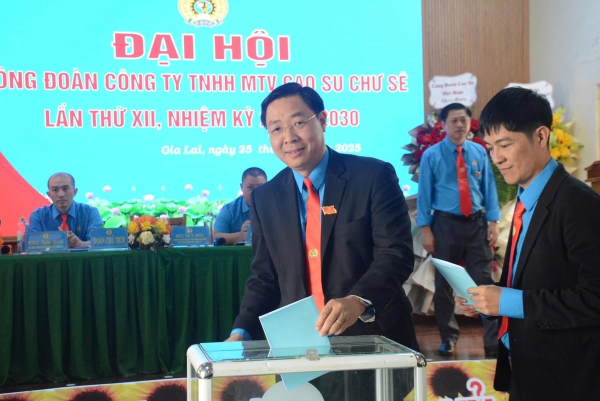 Đại hội tiến hành bỏ phiếu bầu Ban chấp hành Công đoàn Cao su Chư Sê, nhiệm kỳ 2025 - 2030. Ảnh: Văn Vĩnh.