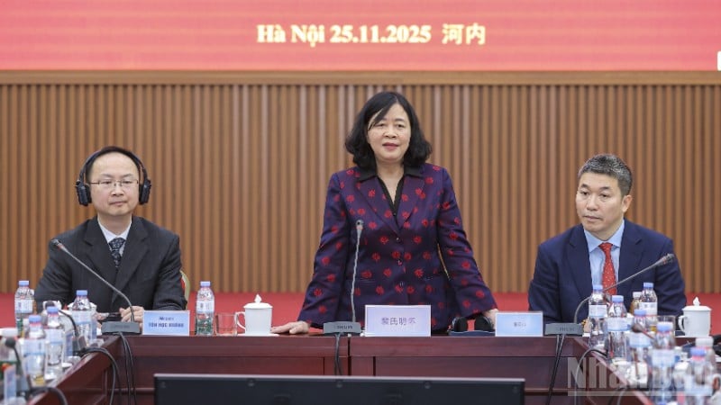الرفيقة بوي ثي مينه هوآي تتحدث في حفل استقبال المندوبين المشاركين في منتدى الشعب الفيتنامي الصيني الثالث عشر. (صورة: جمعية دينه هوآي)