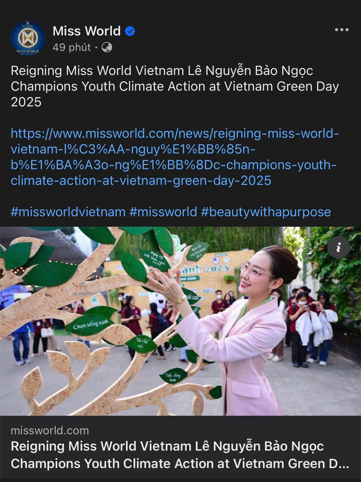 Bao Ngocs klimatförändringsprojekt uppmärksammades av Miss World-organisationen och presenterades för en internationell publik. Foto: CMH