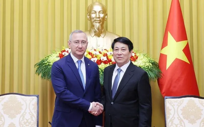 Chủ tịch nước Lương Cường tiếp ngài Vladislav Valerievich Shappha, Thống đốc tỉnh Kaluga, Liên bang Nga. (Ảnh: Lâm Khánh/TTXVN)