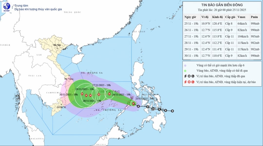 ផែនទី​ព្យាករណ៍​ពី​គន្លង​ព្យុះ និង​កម្លាំង​ខ្យល់​ចេញ​ផ្សាយ​នៅ​ម៉ោង ២០:០០ ថ្ងៃ​ទី​២៥ ខែ​វិច្ឆិកា ឆ្នាំ​២០២៥។