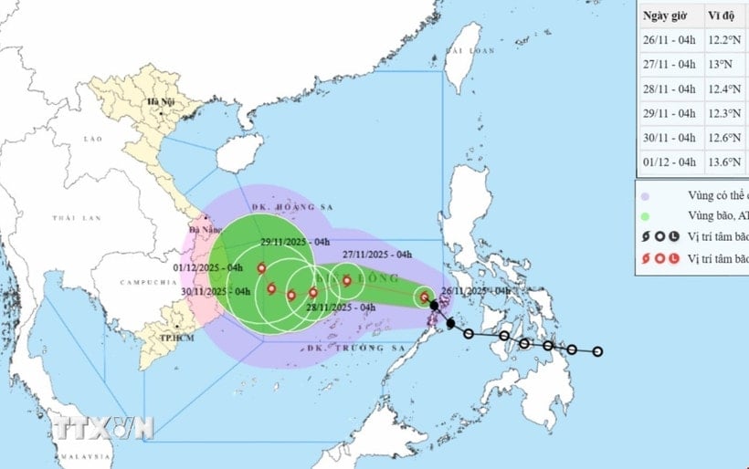Pergerakan badai No. 15 pada pukul 06.00 pagi tanggal 26 November. (Foto: VNA)