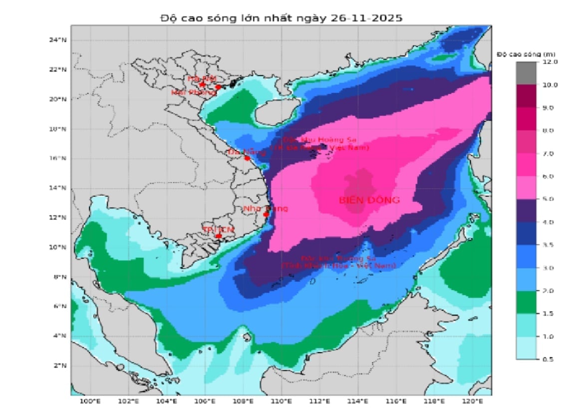 Dự báo độ cao sóng biển lớn nhất ngày 26/11, đặc biệt tại vùng biển ven bờ từ nam Quảng Trị đến Cà Mau có sóng cao 4-6m. Ảnh: NCHMF.